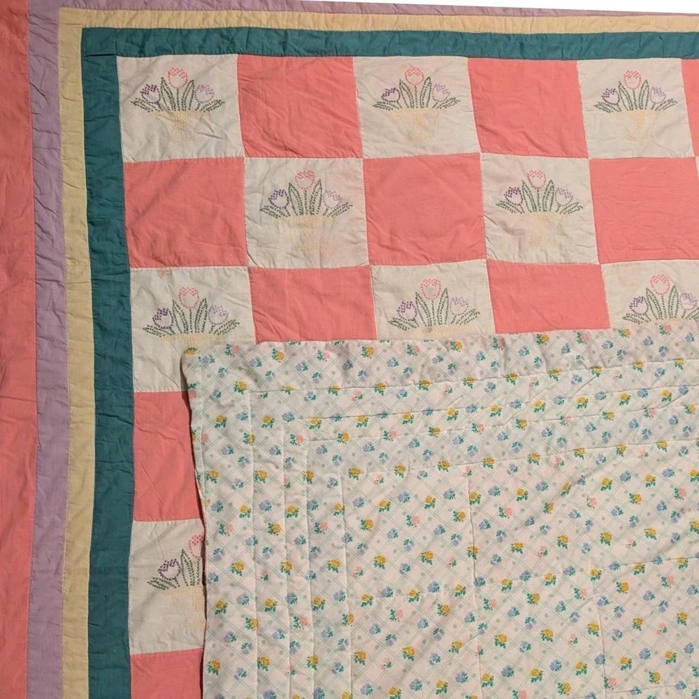 Vintage Handmade Cross Stitch‎ Tulip Basket Patchwork Quilt Pink Pastel 92x76 in